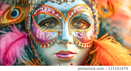 Intricate Venetian Mask with Pearls and Feathers Intricate Venetian Mask with Pearls and Feathers 115101479