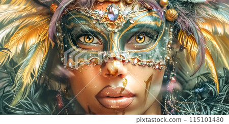 Intricate Venetian Mask with Pearls and Feathers 115101480