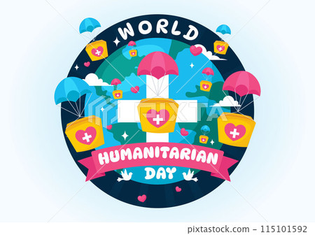 World Humanitarian Day Vector Illustration featuring a Global Celebration of Helping People, Charity, Donations, and Volunteering on a Flat Background 115101592