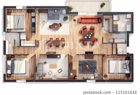 3D Top view landscape design plan with house, a private house with kitchen, bedrooms, living room, dining room, bathroom and furniture. 3D Top view landscape design plan with house, a private house with kitchen, bedrooms, living room, dining room, bathroom and furniture. 115101838