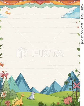 Sheet template for notebook, dinosaurs in the forest, Cartoon, notepad, diary. Lined paper. Cute character. 115101857
