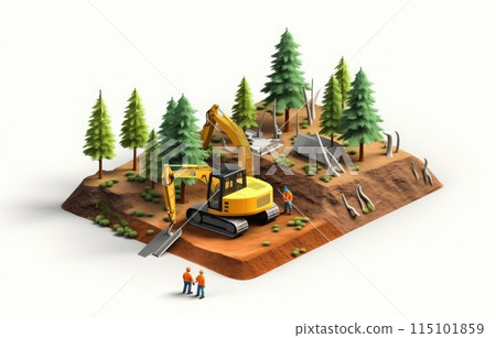 land development concept backhoe clearing in forest isometric and enginneer working with worker , Minimalist 115101859