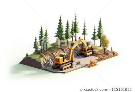 land development concept backhoe clearing in forest isometric and enginneer working with worker , Minimalist land development concept backhoe clearing in forest isometric and enginneer working with worker , Minimalist 115101935