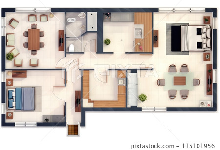 Architectural floor plan of a house. Drawing of the cottage with furniture arrangement. One-storey building isolated on white background 115101956