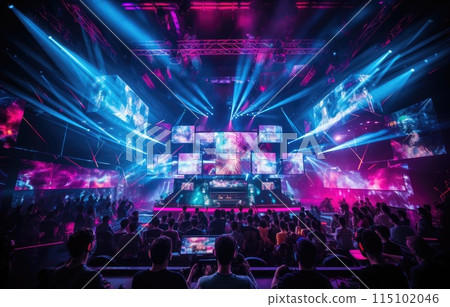 Stage show in E sport arena, Glow scenery with a central gaming stage, audience seating, dynamic lighting Stage show in E sport arena, Glow scenery with a central gaming stage, audience seating, dynamic lighting 115102046