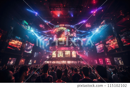 Stage show in E sport arena, Glow scenery with a central gaming stage, audience seating, dynamic lighting Stage show in E sport arena, Glow scenery with a central gaming stage, audience seating, dynamic lighting 115102102