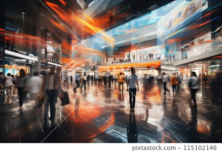Motion blur effect, busy shopping mall scene, diverse people with colorful shopping bags Motion blur effect, busy shopping mall scene, diverse people with colorful shopping bags 115102146