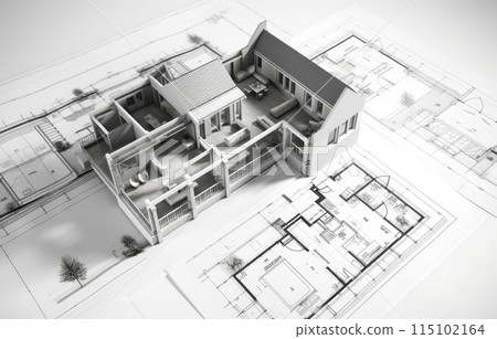 Architectural blueprints and a drawing instruments on the worktable, black and white. Architectural blueprints and a drawing instruments on the worktable, black and white. 115102164