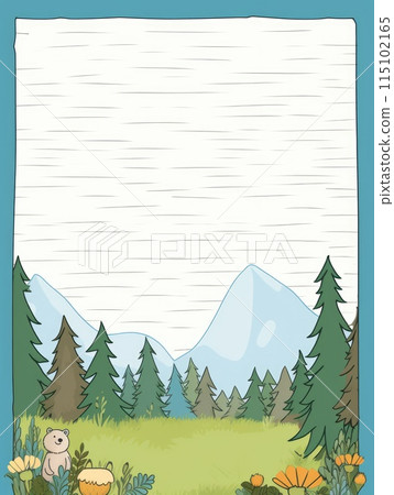 Sheet template for notebook, cute animals in the forest, Cartoon, notepad, diary. Lined paper. Cute character. 115102165