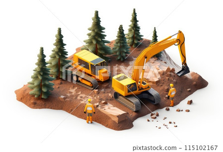 land development concept backhoe clearing in forest isometric and enginneer working with worker , Minimalist 115102167