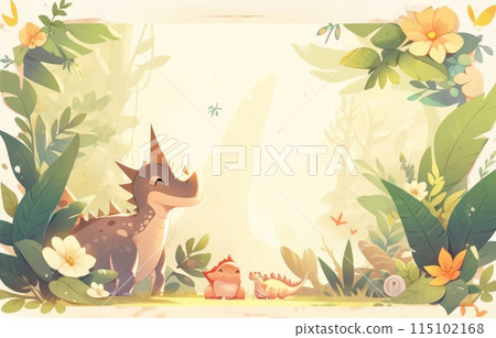 Jungle scrapbook page with cute dinosaur in corner, Forest with dinosaurs and foliage, for kids. 115102168