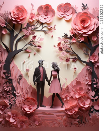 Valentines day concept background. 3d red hearts and paper cut flowers. Cute love sale banner or greeting. Valentines day concept background. 3d red hearts and paper cut flowers. Cute love sale banner or greeting. 115102232