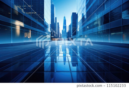 towering modern buildings, linear perspective, mirrored reflections, district 115102233