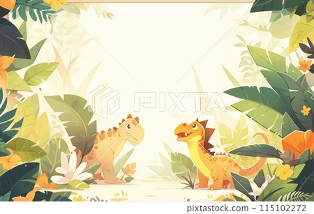 Jungle scrapbook page with cute dinosaur in corner, Forest with dinosaurs and foliage, for kids. Jungle scrapbook page with cute dinosaur in corner, Forest with dinosaurs and foliage, for kids. 115102272