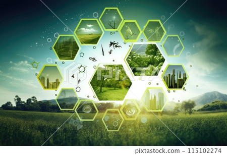 The green globe with circular economy icons, economy for future growth of business and environment sustainable.Net zero and carbon The green globe with circular economy icons, economy for future growth of business and environment sustainable.Net zero and carbon 115102274