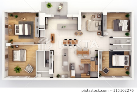 3D Top view landscape design plan with house, a private house with kitchen, bedrooms, living room, dining room, bathroom and furniture. 3D Top view landscape design plan with house, a private house with kitchen, bedrooms, living room, dining room, bathroom and furniture. 115102276