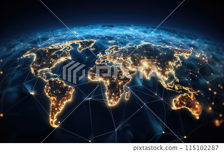 Global Map network of cloud computing, digital lines connecting continents, cities glowing in network web, cool blue 115102287