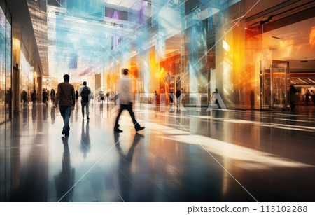 Motion blur effect, busy shopping mall scene, diverse people with colorful shopping bags 115102288