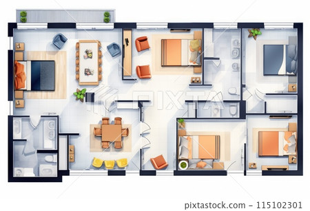 Architectural floor plan of a house. Drawing of the cottage with furniture arrangement. One-storey building isolated on white background 115102301