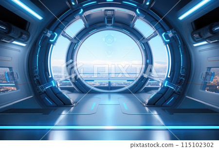 3D Futuristic space station interior, sleek metallic surfaces, advanced technology panels 115102302