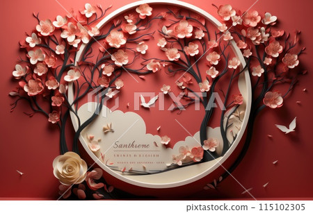 Valentines day concept background. 3d red hearts and paper cut flowers. Cute love sale banner or greeting. Valentines day concept background. 3d red hearts and paper cut flowers. Cute love sale banner or greeting. 115102305