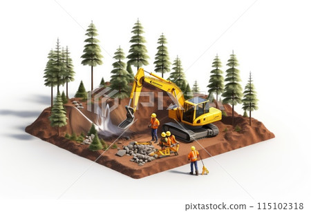 land development concept backhoe clearing in forest isometric and enginneer working with worker , Minimalist 115102318