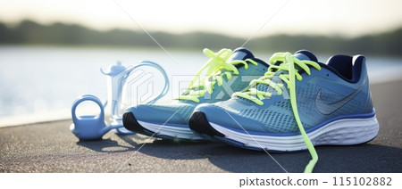 Running Shoes and Water Bottle for Active Exercise and Hydration 115102882