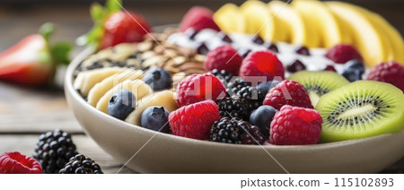 Close Up of Fresh Fruit Bowl on Table 115102893