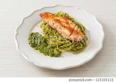 Spaghetti pesto with grilled salmon Spaghetti pesto with grilled salmon 115103113