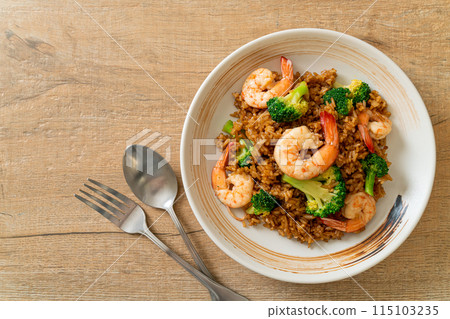 fried rice with broccoli and shrimps 115103235