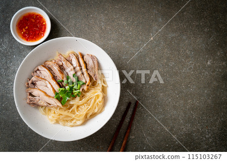dried duck noodles in white bowl 115103267