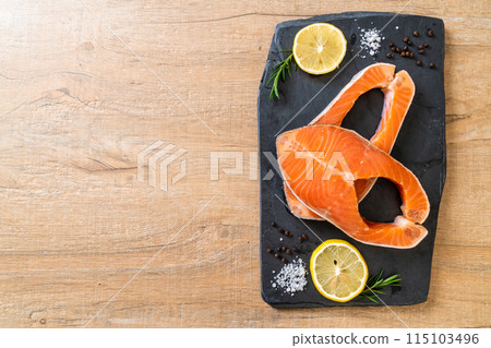 fresh raw salmon fillet steak 115103496