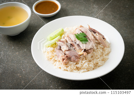 Hainanese Chicken Rice or steamed rice with chicken Hainanese Chicken Rice or steamed rice with chicken 115103497