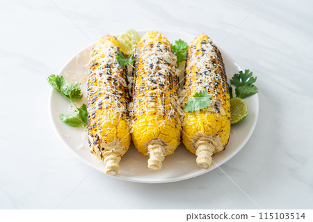 barbecue and grilled corn with cheese and lime barbecue and grilled corn with cheese and lime 115103514