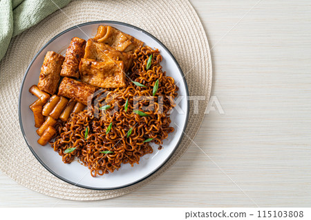 Jajangmyeon or JJajangmyeon with Odeng and Omuk - Korean Instant noodles with Korean fish cake in black bean sauce 115103808