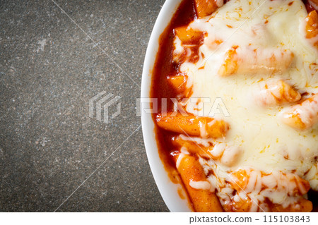Korean rice cake in spicy Korean sauce with cheese, Cheese Tokpokki, Tteokbokki with Cheese Korean rice cake in spicy Korean sauce with cheese, Cheese Tokpokki, Tteokbokki with Cheese 115103843