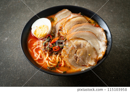 Ramen Noodles Spicy Tomyum Soup with Roast Pork Ramen Noodles Spicy Tomyum Soup with Roast Pork 115103958