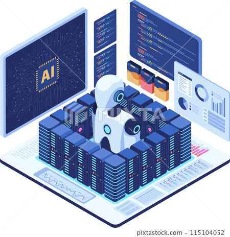Isometric Ai Robot in Server Room with Data Analytics Isometric Ai Robot in Server Room with Data Analytics 115104052