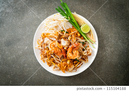 Pad Thai Seafood - Stir fried noodles with shrimps, squid or octopus and tofu Pad Thai Seafood - Stir fried noodles with shrimps, squid or octopus and tofu 115104188