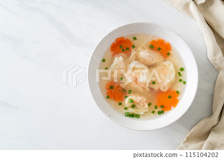 shrimp dumpling soup in white bowl shrimp dumpling soup in white bowl 115104202