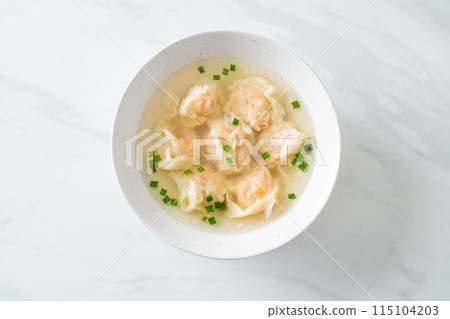 shrimp dumpling soup in white bowl shrimp dumpling soup in white bowl 115104203