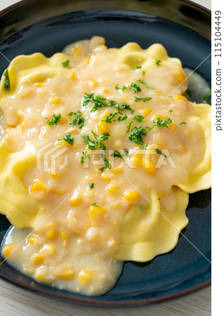 ravioli pasta with corn cheese sauce 115104449