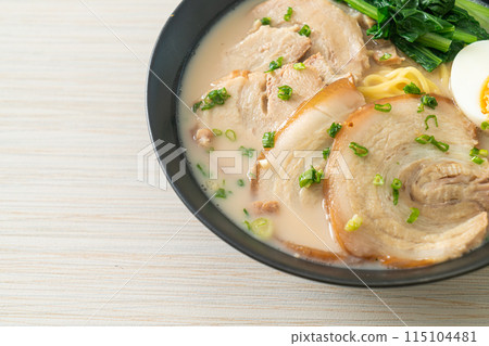 Ramen noodles in pork bone soup with roast pork and egg Ramen noodles in pork bone soup with roast pork and egg 115104481