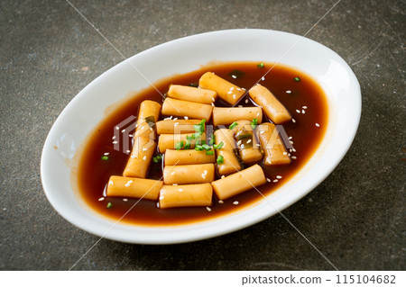 Spicy Jjajang Tteokbokki or Korean rice cake in spicy black bean sauce Spicy Jjajang Tteokbokki or Korean rice cake in spicy black bean sauce 115104682