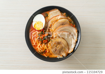 Ramen Noodles Spicy Tomyum Soup with Roast Pork 115104729