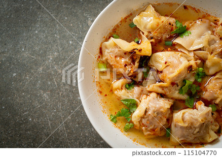 pork wonton soup or pork dumplings soup with roasted chili 115104770
