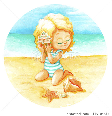 Smiling girl siting on sand and listening to large shell, that she holds close to ear. Watercolor illustration of a Child resting on a beach for postcards or t-shirts design. Summer vacation concept Smiling girl siting on sand and listening to large shell, that she holds close to ear. Watercolor illustration of a Child resting on a beach for postcards or t-shirts design. Summer vacation concept 115104815