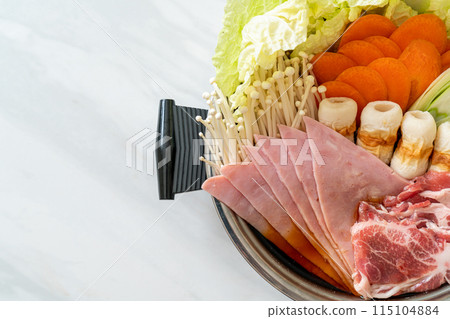 sukiyaki or shabu hot pot black soup with meat raw and vegetable 115104884
