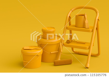 Set of metal cans or buckets with paint roller, brush and folding ladder 115105776