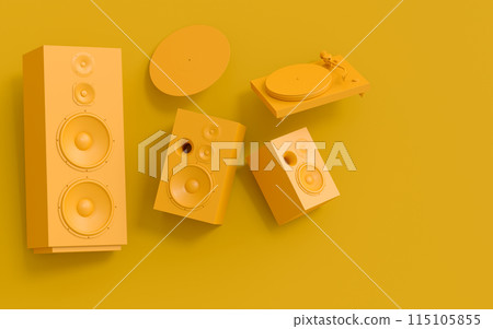 Set of Hi-fi speakers and DJ turntable for sound recording studio on monochrome Set of Hi-fi speakers and DJ turntable for sound recording studio on monochrome 115105855